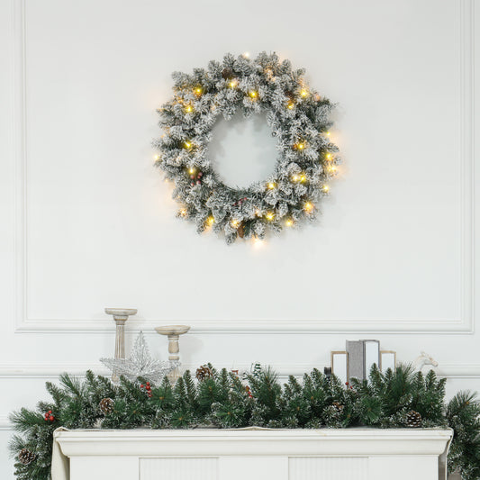 60cm Pre-Lit Christmas Wreath for Front Door with LED Lights, Pine Cones and Red Berries, Flocked Winter Wreath for Windows, Wall Decoration, Green