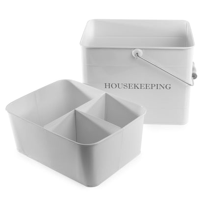Vintage Cleaning Caddy | Metal & Wood | Deep Main Compartment | Removable 3-Section Tray | Swing Handle | Housekeeping Print | 21x33x21cm | 2-Year Warranty | White