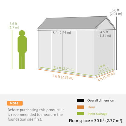 PP & Aluminium Garden Storage Shed | Wood-Grain Texture | Apex Roof | 116cm Double Doors | Lock & Keys | 2 Windows | 2 Vents | UV-Resistant | 40kg/m² Snow Load | 244x131x201cm | 2.77m² | Light Grey