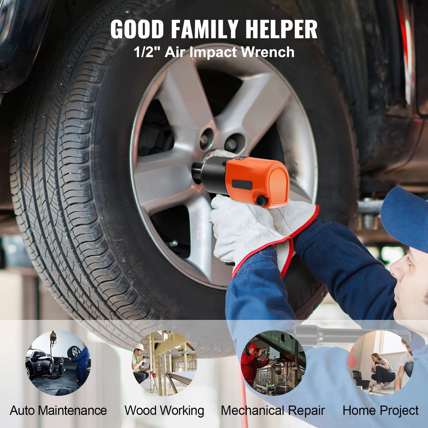 Air Impact Wrench 1/2" Square Drive Air Impact Driver Gun up to 880Ft-Lbs Nut-Busting Torque 7500RPM Lightweight Pneumatic Tool