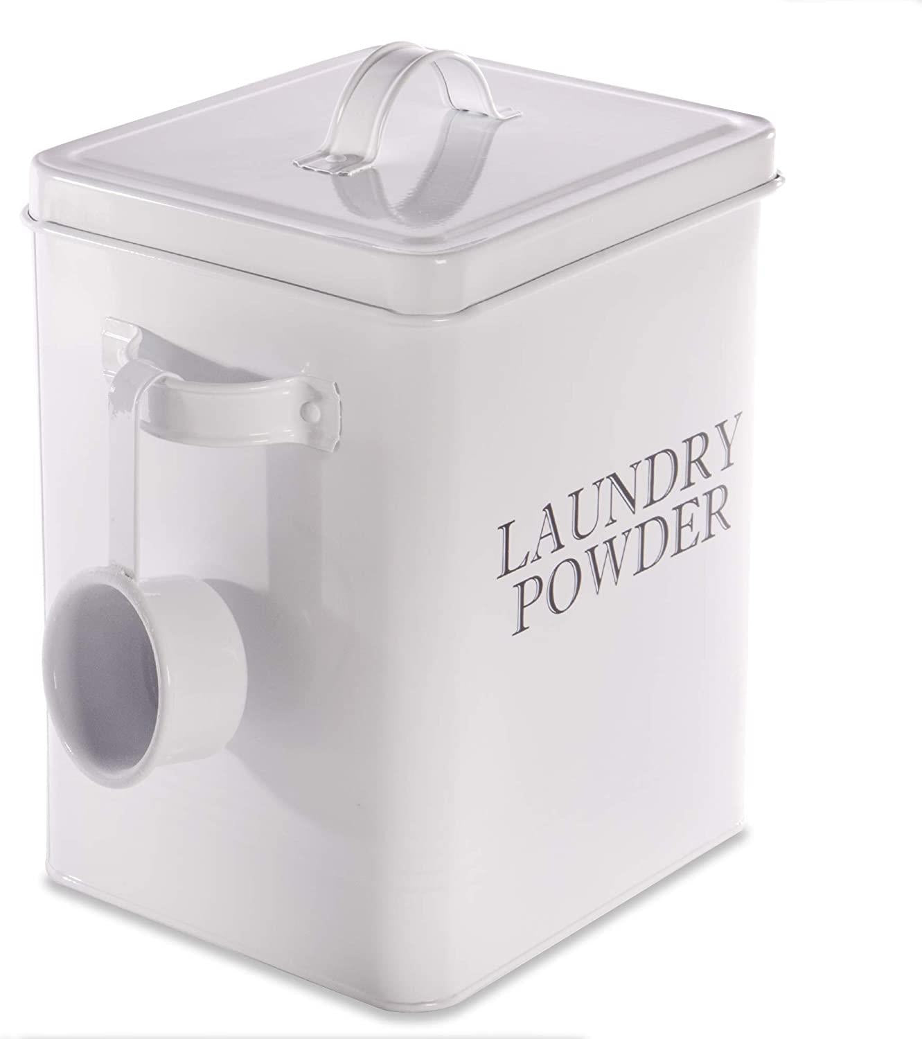 Laundry Powder Storage Tin | Powder-Coated Steel | Secure Lid | Side Carry Handles | 83.5ml Scoop Included | 26x20x15cm | 2-Year Warranty | White