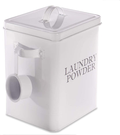 Laundry Powder Storage Tin | Powder-Coated Steel | Secure Lid | Side Carry Handles | 83.5ml Scoop Included | 26x20x15cm | 2-Year Warranty | White