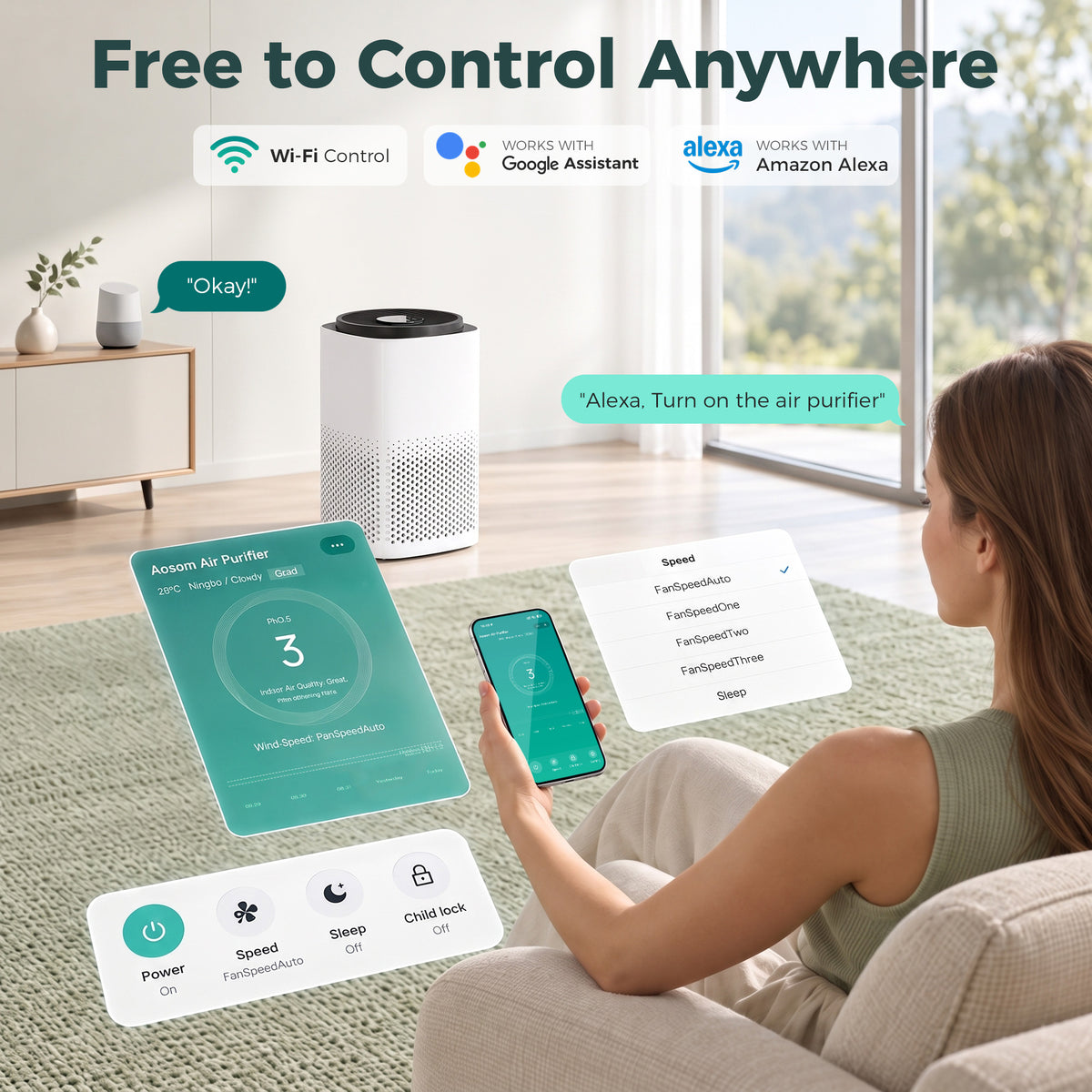 Smart Air Purifier | H13 HEPA & Activated Carbon Filter | 225m³/h CADR, Up to 27m² | App & Voice Control, Sleep Mode & 8H Timer
