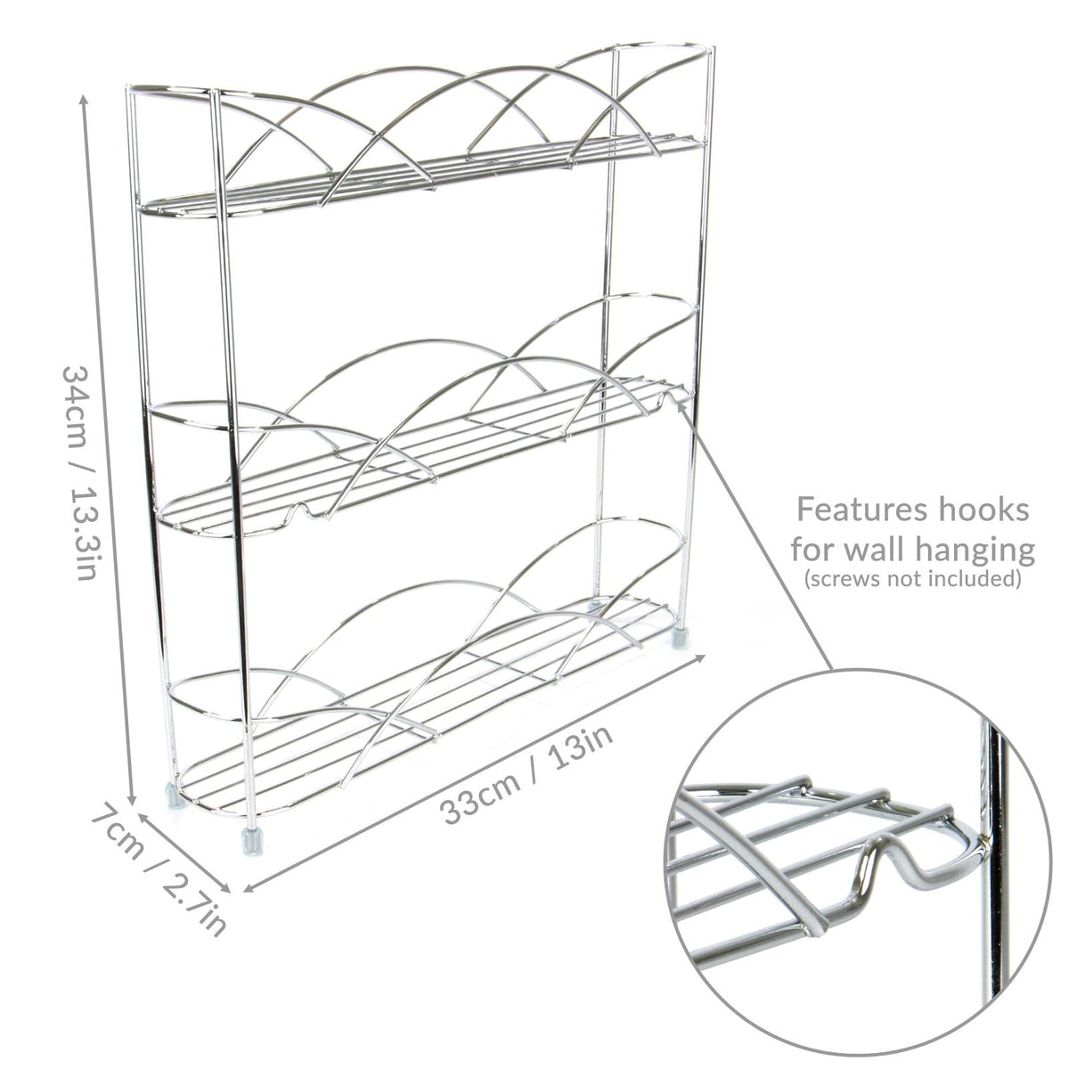 Maison & White 3 Tier Herb & Spice Rack | Chrome Stainless Steel | 34x33x7cm | Non-Slip Feet | Wall-Mountable | Free-Standing | Kitchen Counter Cupboard | Minimalist Wire Design | 2-Year Warranty