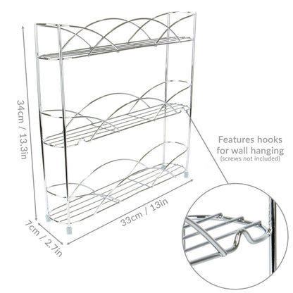 Maison & White 3 Tier Herb & Spice Rack | Chrome Stainless Steel | 34x33x7cm | Non-Slip Feet | Wall-Mountable | Free-Standing | Kitchen Counter Cupboard | Minimalist Wire Design | 2-Year Warranty