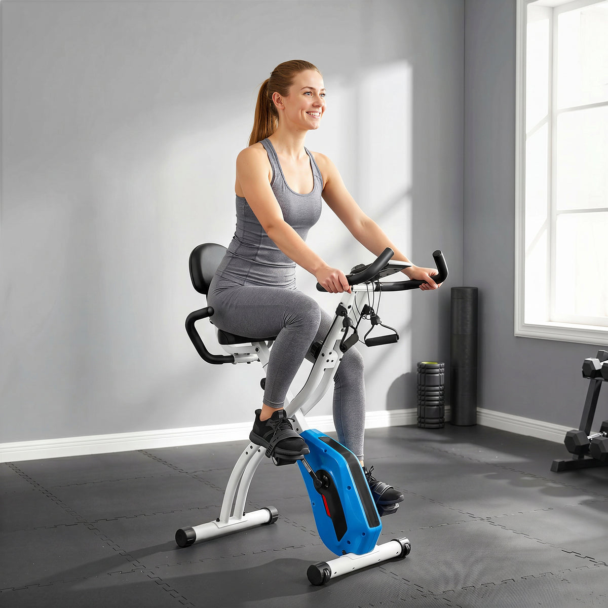 4-in-1 Folding Exercise Bike | Upright & Recumbent | Bluetooth App | 8-Level Magnetic Resistance | Resistance Bands | LCD Display | 120kg Capacity | Blue
