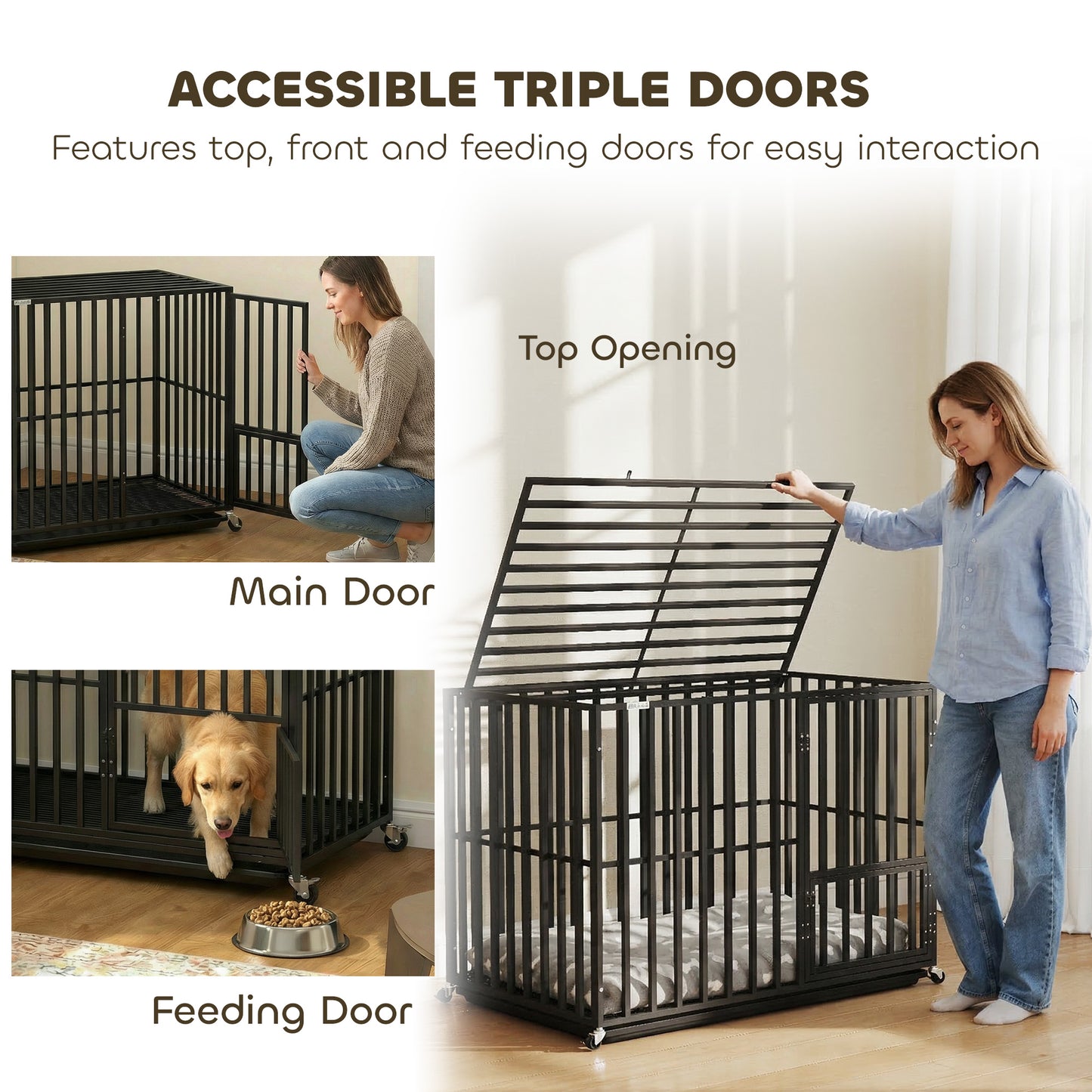 Heavy Duty Dog Crate with Wheels | 3-Door Access | Removable Tray | Top Playpen Opening | Extra Large Dogs up to 40kg | 107 x 69 x 81cm | Black