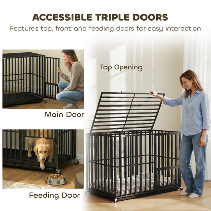 Heavy Duty Dog Crate with Wheels | 3-Door Access | Removable Tray | Top Playpen Opening | Extra Large Dogs up to 40kg | 107 x 69 x 81cm | Black