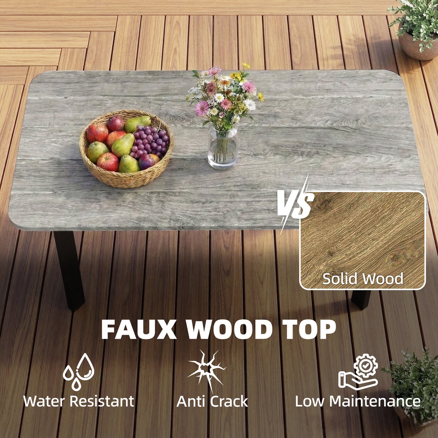 Garden Coffee Table | Slatted Plastic Wood Composite Top | Metal Frame | Adjustable Feet | 50kg | Grey