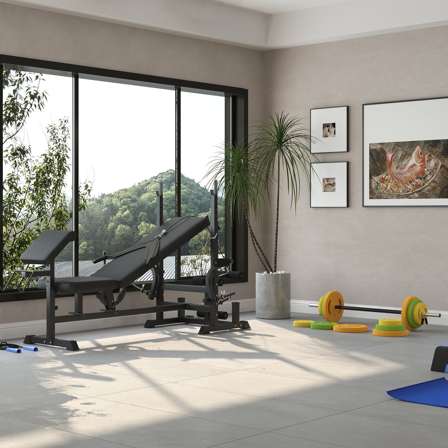 Weight Bench with Adjustable Barbell Rack, Leg Extension, Preacher Curl Pad and 20kg Barbell Set