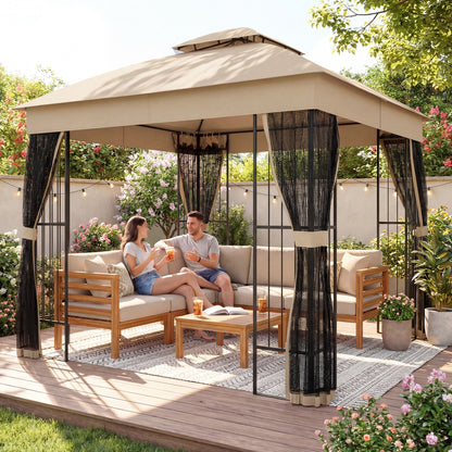 3x3m Permanent Garden Gazebo | Double-Tier UPF50+ Roof | Mesh Panels | Integrated Corner Shelves | Triangular Powder-Coated Posts | Adjustable Struts | Ground Stakes | Brown