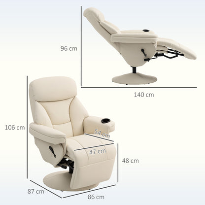 Manual Recliner Chair with Footrest, Upholstered Reclining Armchair with Adjustable Backrest and Cup Holder, PU Leather Swivel Chair, Cream White