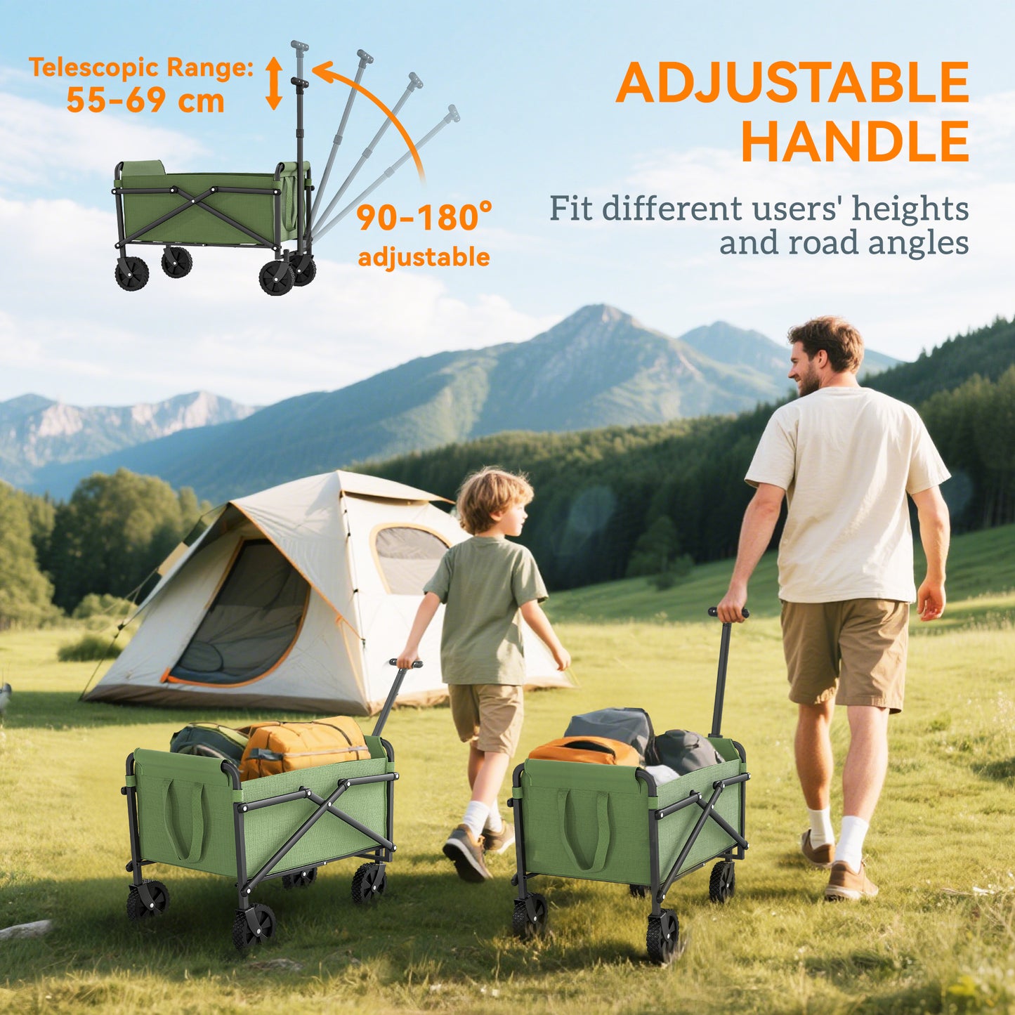 Outsunny 41L Festival Trolley on Wheels, Small Garden Folding Trolley Cart, 60kg Heavy Duty Collapsible Folding Wagon with Adjustable Handle and Carrying Bag for Beach, Camping