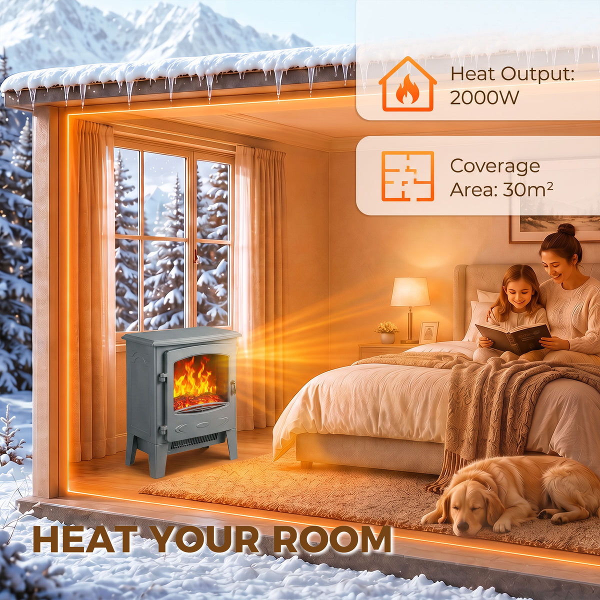 Freestanding Electric Fireplace Stove | Red LED Flame | 1000W/2000W | Forced-Air Fan | Grey