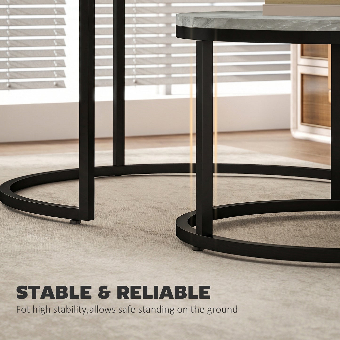 Set of 2 Stacking Coffee Tables | Round Marble Effect MDF Tops | Steel Frames | Stackable | Large 78.5cm & Small 59cm | 50kg | Marble Grey