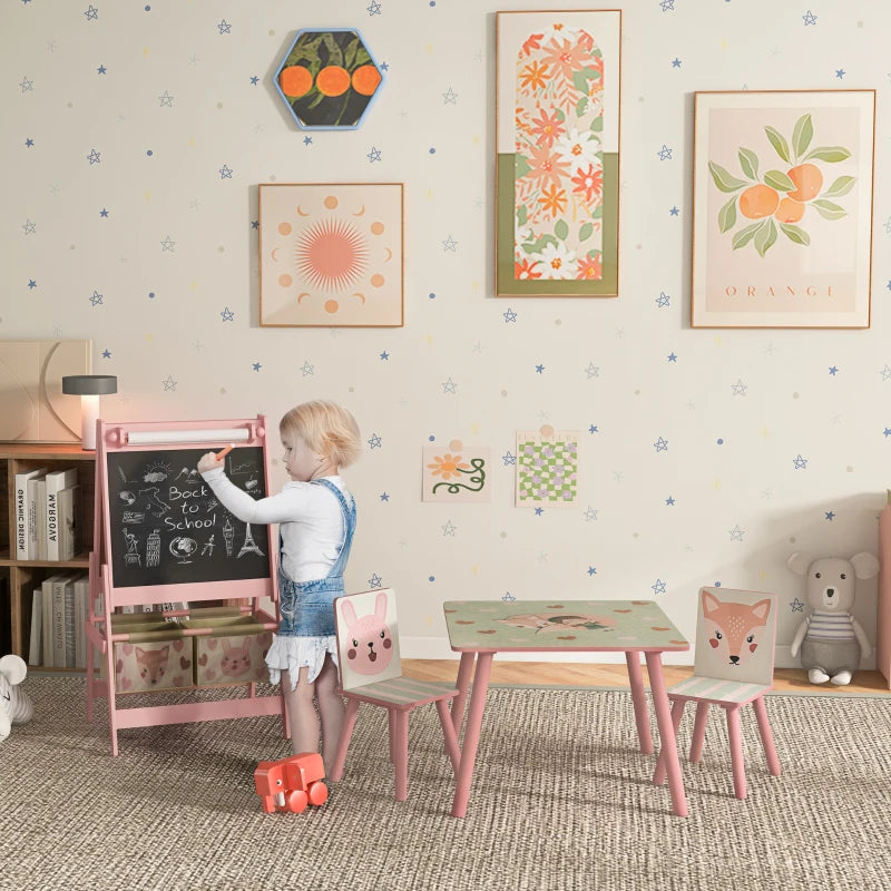 Kids Table and Chair Set And Kids Easel With Paper Roll, Storage Baskets, Kids Activity Furniture Set