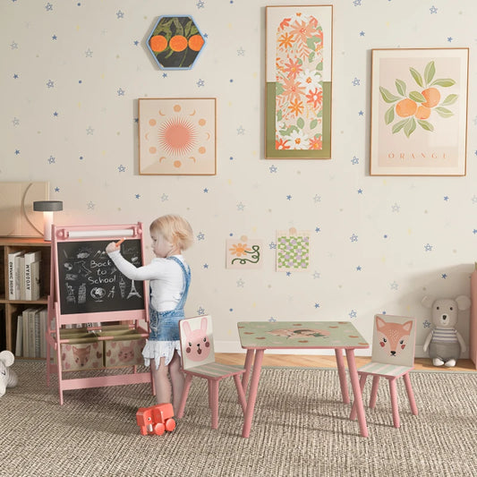 Kids Table and Chair Set And Kids Easel With Paper Roll, Storage Baskets, Kids Activity Furniture Set