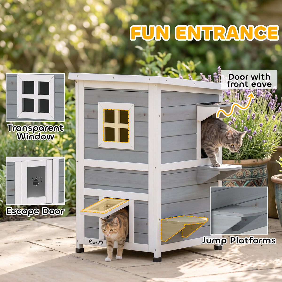 2-Floor Wooden Outdoor Cat House | Fir Wood | Water-Resistant Paint | Elevated Base | Jump Platforms | 3 Doors & Windows | Openable Roof | Litter Tray Space | Max 5kg Per Cat | 51x51x81.3cm | Grey