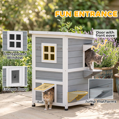 2-Floor Wooden Outdoor Cat House | Fir Wood | Water-Resistant Paint | Elevated Base | Jump Platforms | 3 Doors & Windows | Openable Roof | Litter Tray Space | Max 5kg Per Cat | 51x51x81.3cm | Grey
