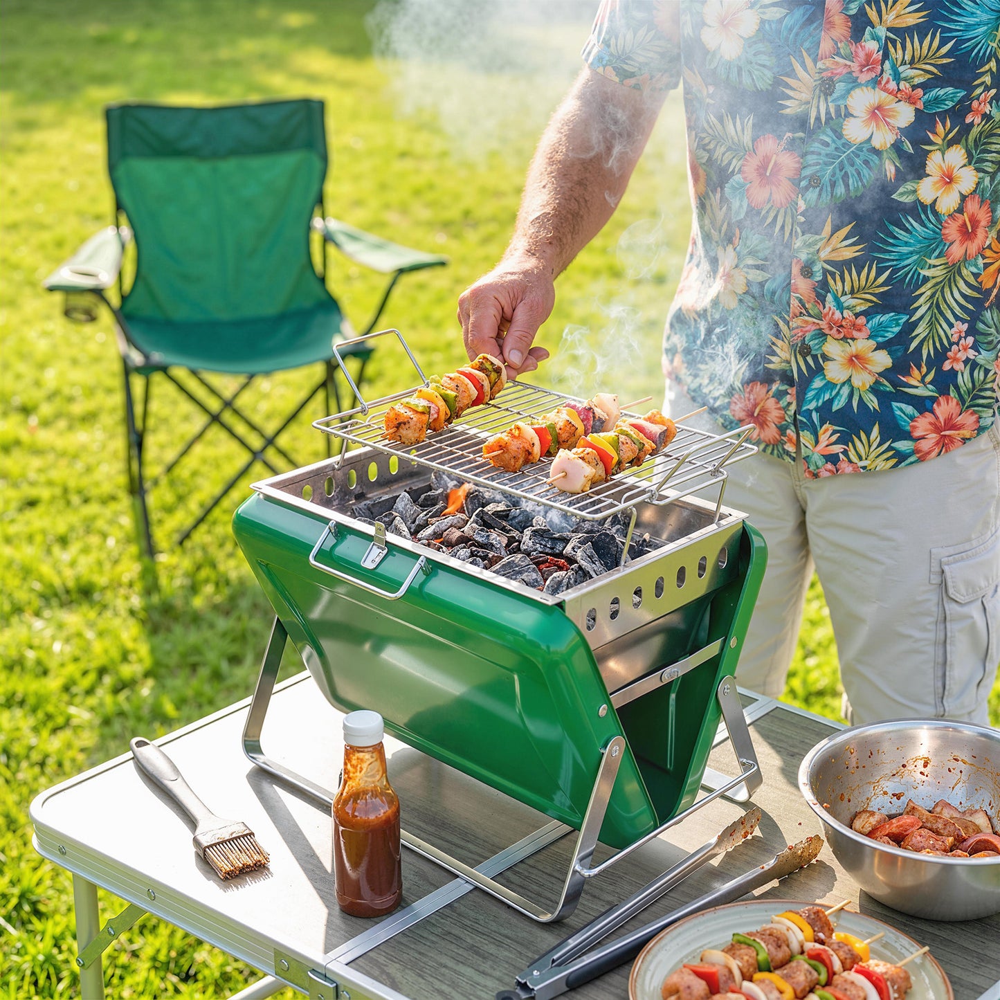 Outsunny Charcoal BBQ Grill Portable Stainless Steel Barbecue with Tilting Grate for Camping Picnic Garden