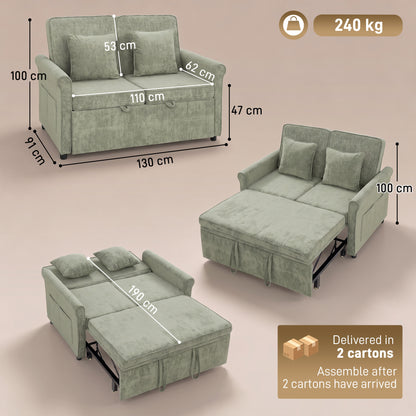 2 Seater Sofa Bed | 3-in-1 Convertible Chenille Sleeper Sofa with Pull-Out Bed, 5-Position Backrest & Side Pockets | 190 x 130 cm | Light Green or Grey