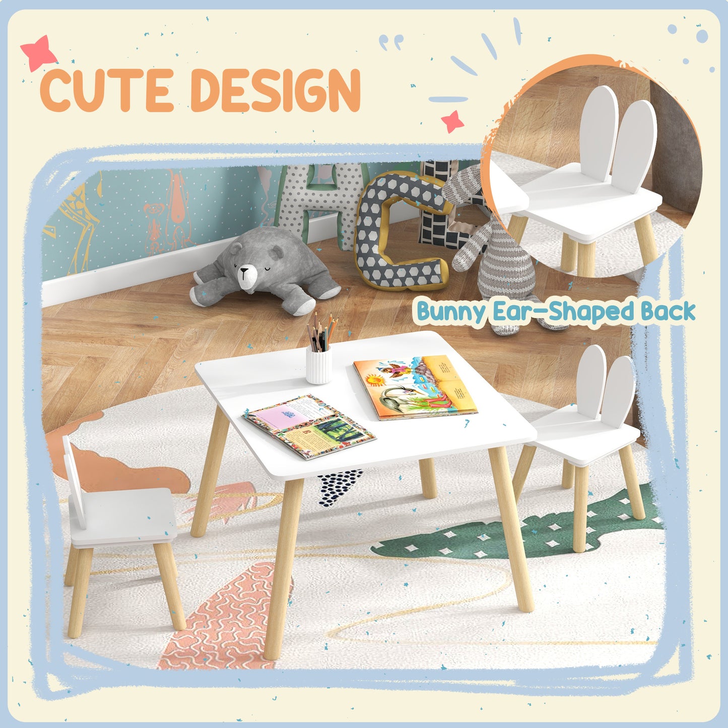 AIYAPLAY 3 Piece Toddler Table and Chair Set, Kids Desk and 2 Chairs Set w/ Bunny Ear Backrest, for Nursery, Playroom