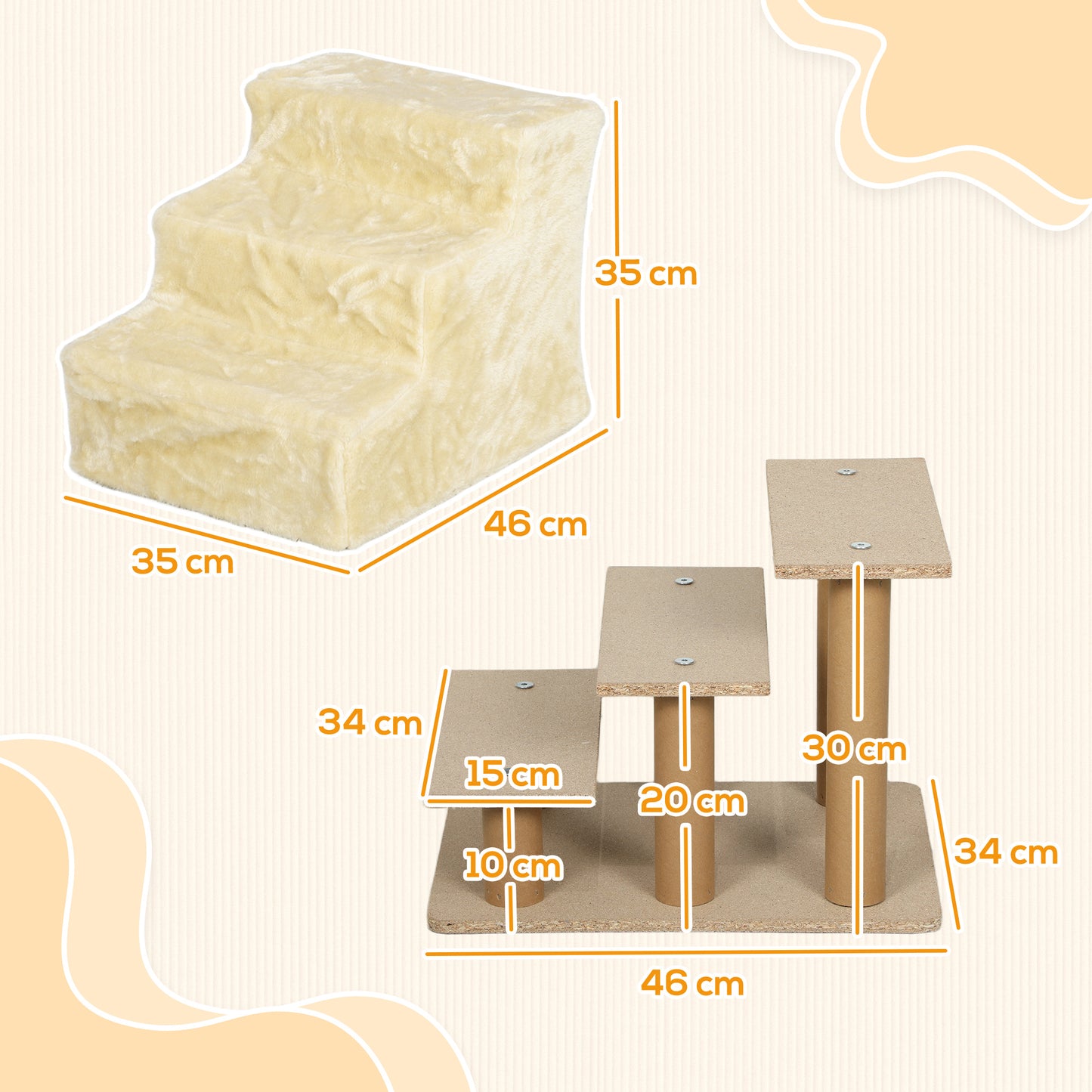 PawHut Three-Step Dog Stairs Steps  with Washable Plush Cover, for High Bed Sofa, Dog Stairs for Small Dog and Cat - Beige