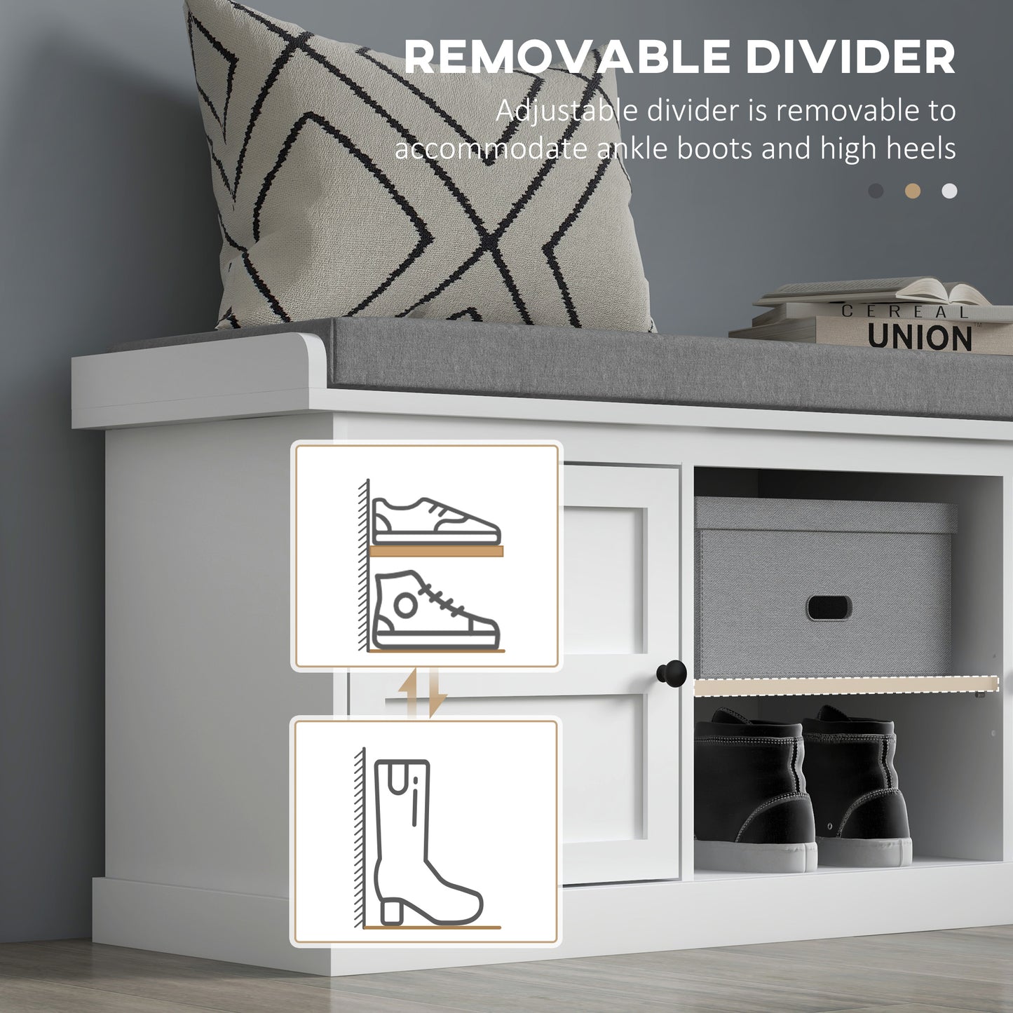 Shoe Bench with Seat, Shoe Storage Bench with Cushion, 2 Cabinets and Adjustable Shelf for Entryway, Hallway, Living Room, Bedroom, White