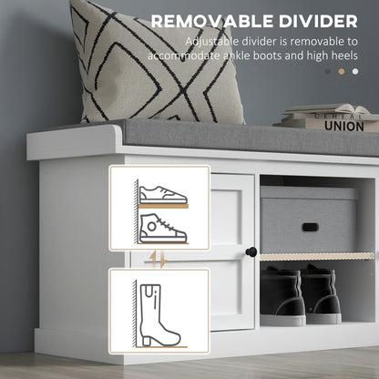 Shoe Bench with Seat, Shoe Storage Bench with Cushion, 2 Cabinets and Adjustable Shelf for Entryway, Hallway, Living Room, Bedroom, White