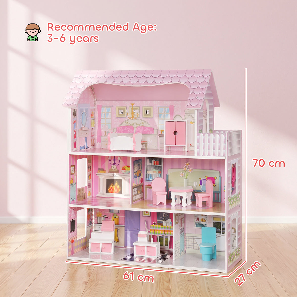 AIYAPLAY Pink 3-Storey Dolls House | 70cm MDF Dollhouse with LED Strip & Balcony | 8 Furniture Pieces | Open-Front Play | Ages 3–6