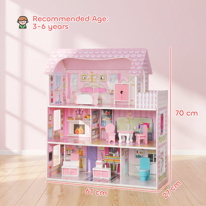 AIYAPLAY Pink 3-Storey Dolls House | 70cm MDF Dollhouse with LED Strip & Balcony | 8 Furniture Pieces | Open-Front Play | Ages 3–6