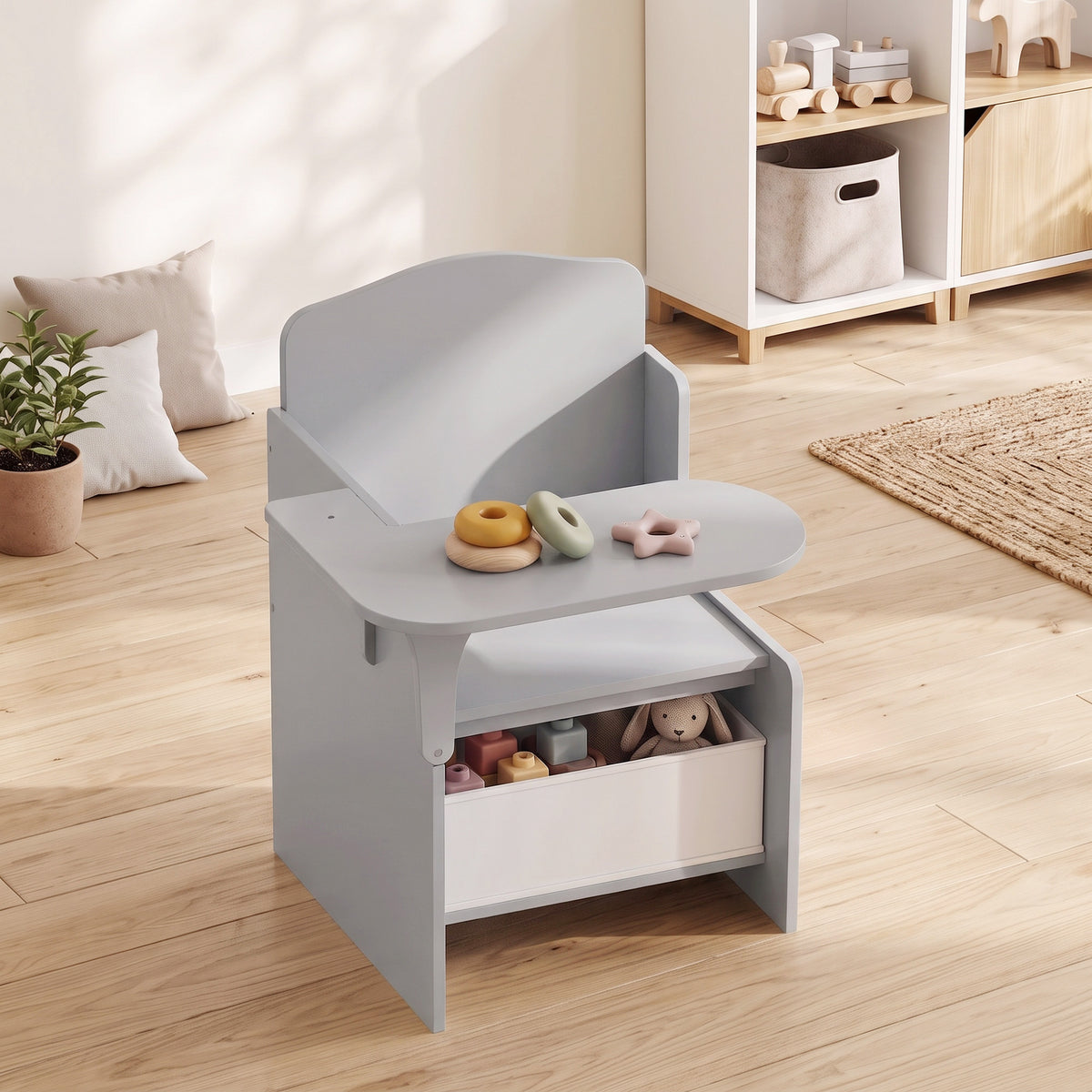 Kids Table and Chair Set | Grey Children's Desk with Storage Bin for Ages 3-5 | 2-in-1 Creative Activity Furniture