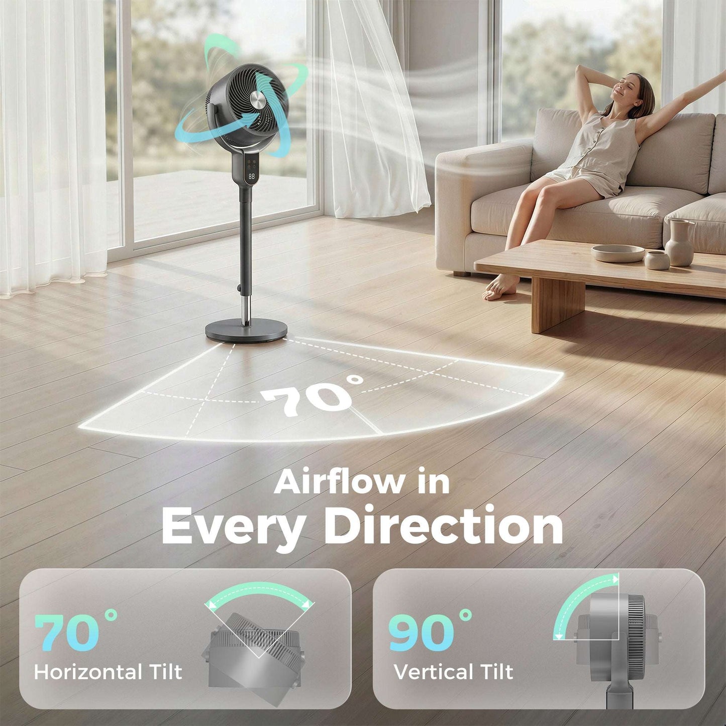 Pedestal Standing Fan | Turbo Mode | 20dB Sleep Mode | 8 Speeds | 16m³/min Airflow | 90° Oscillation | Aromatherapy Pad | Detachable Washable Grill | 5m Remote | 12H Timer | 50W | 83-107cm | Grey