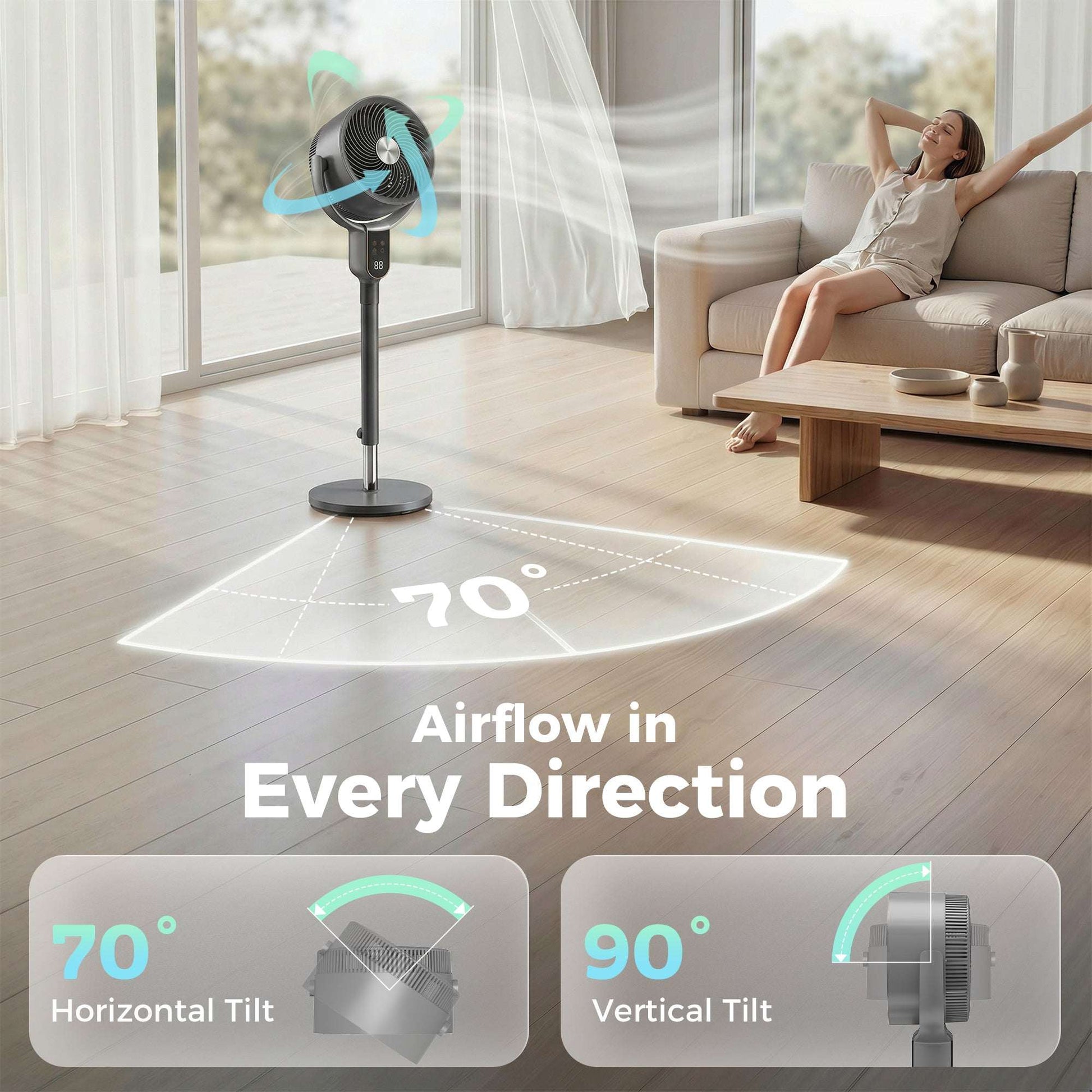 Pedestal Standing Fan | Turbo Mode | 20dB Sleep Mode | 8 Speeds | 16m³/min Airflow | 90° Oscillation | Aromatherapy Pad | Detachable Washable Grill | 5m Remote | 12H Timer | 50W | 83-107cm | Grey