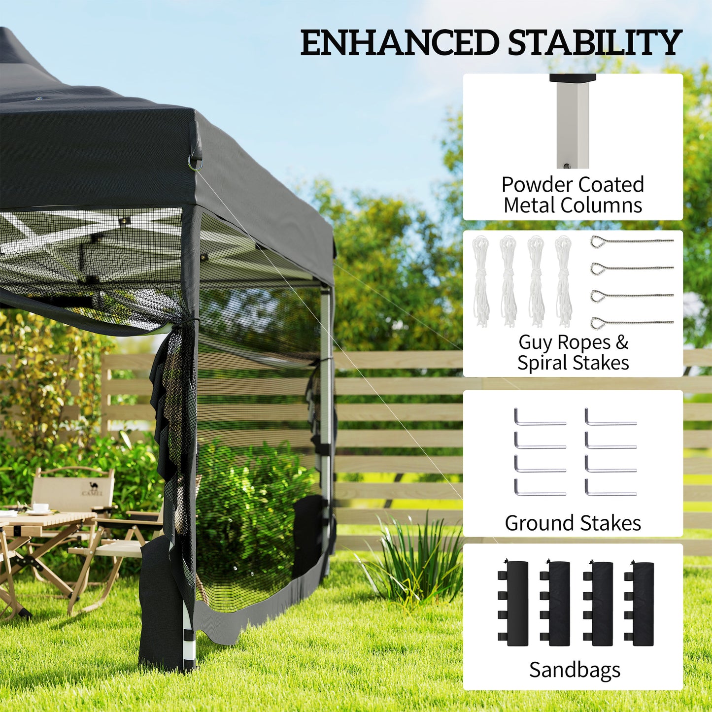 3x4.5m Heavy Duty Pop Up Gazebo | UPF50+ 420D Oxford Fabric | 4 Mesh Nettings | 12 Rainwater Holes | 3 Height Settings | Windproof Level 4-6 | Snow Rated | Full Stability Kit | Wheeled Bag | Black