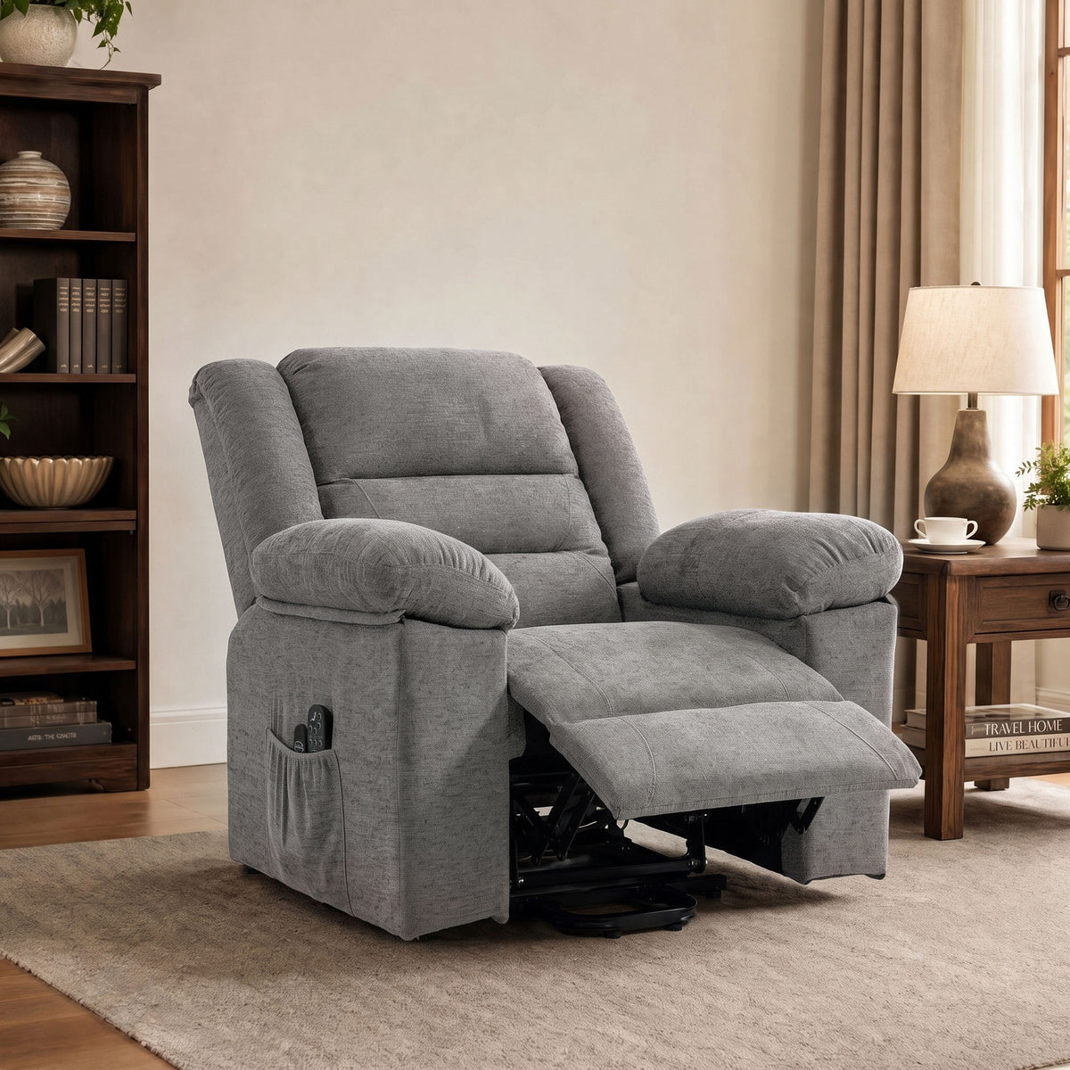 Grey Riser Recliner Chair | Electric Power Lift, 8-Point Massage, Lumbar Heat & USB Charging | Wide Seat, 120kg