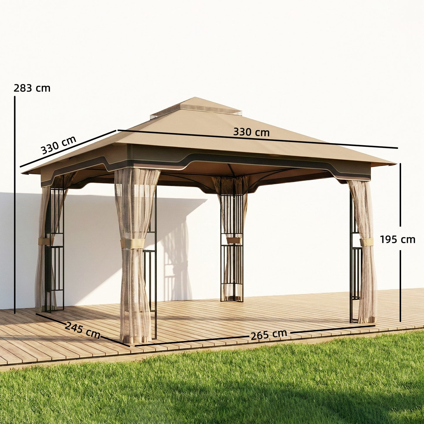 3.3x3.3m Permanent Garden Gazebo | Double-Tier UPF50+ Roof | Mesh Panels | Integrated Corner Shelves | Ceiling Hook | Triangular Powder-Coated Posts | Expansion Screws | Ground Stakes | Khaki
