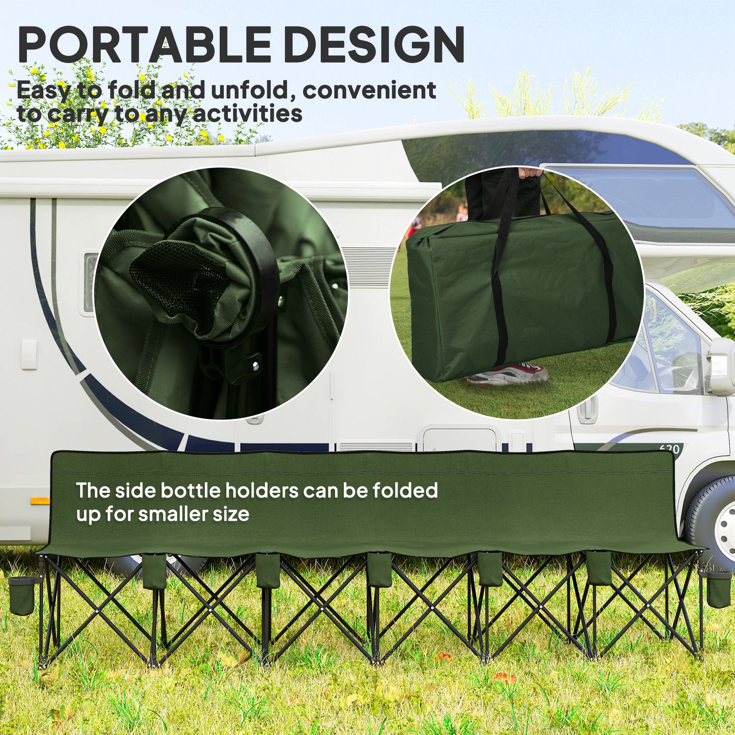 6-Seater Folding Camping Chair with Cup Holders & Carry Bag – 114kg Per Seat, Folds to 41x14x80cm, Oxford Fabric, Metal Frame – Green
