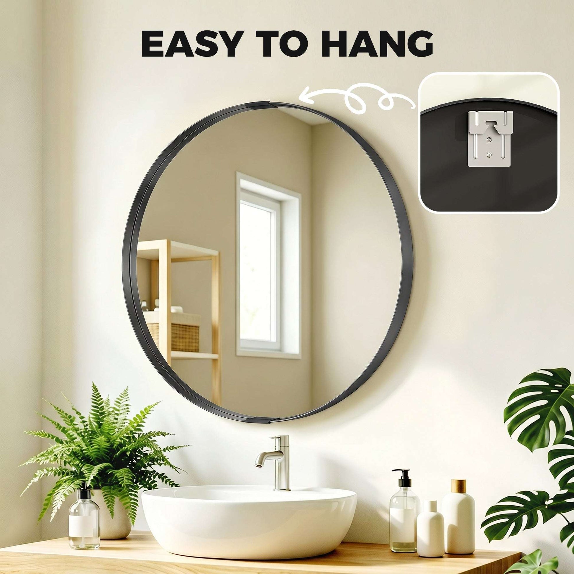 Round Wall Mirror | Shatterproof Tempered Glass | Anodised Aluminium Alloy Frame | 4cm Deep 3D Effect | 61cm Diameter | No Assembly | Black