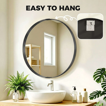 Round Wall Mirror | Shatterproof Tempered Glass | Anodised Aluminium Alloy Frame | 4cm Deep 3D Effect | 61cm Diameter | No Assembly | Black