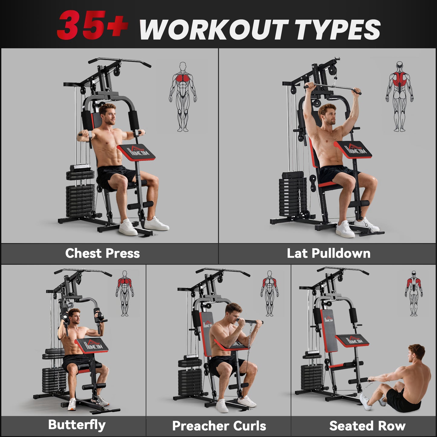 Home Multi-Gym Station | 65kg Weight Stack | Pec Fly | Lat Pulldown | Leg Curl & Extension | Black | 110kg Max