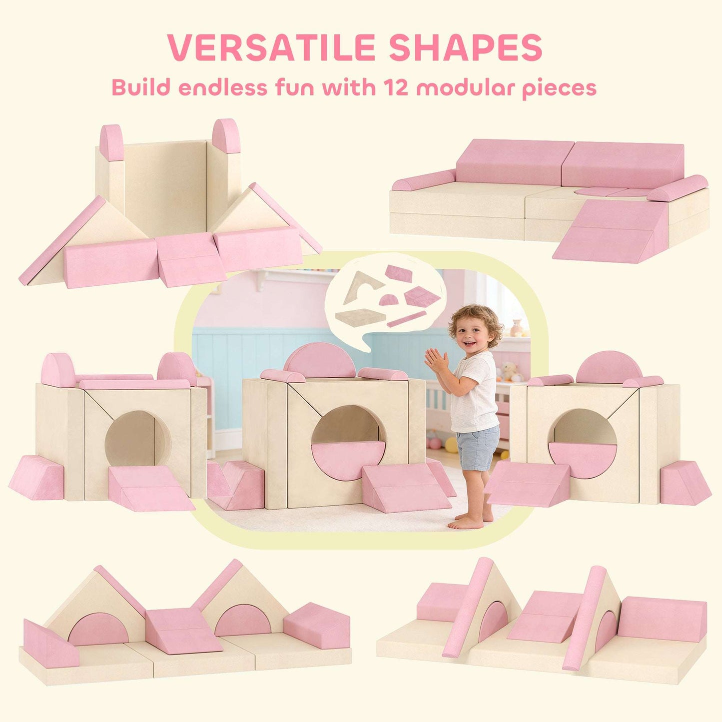 AIYAPLAY Kids Play Sofa, 12 Pieces Foam Modular Soft Play Set for Playroom, Children Convertible Sofa for Boys and Girls, Pink