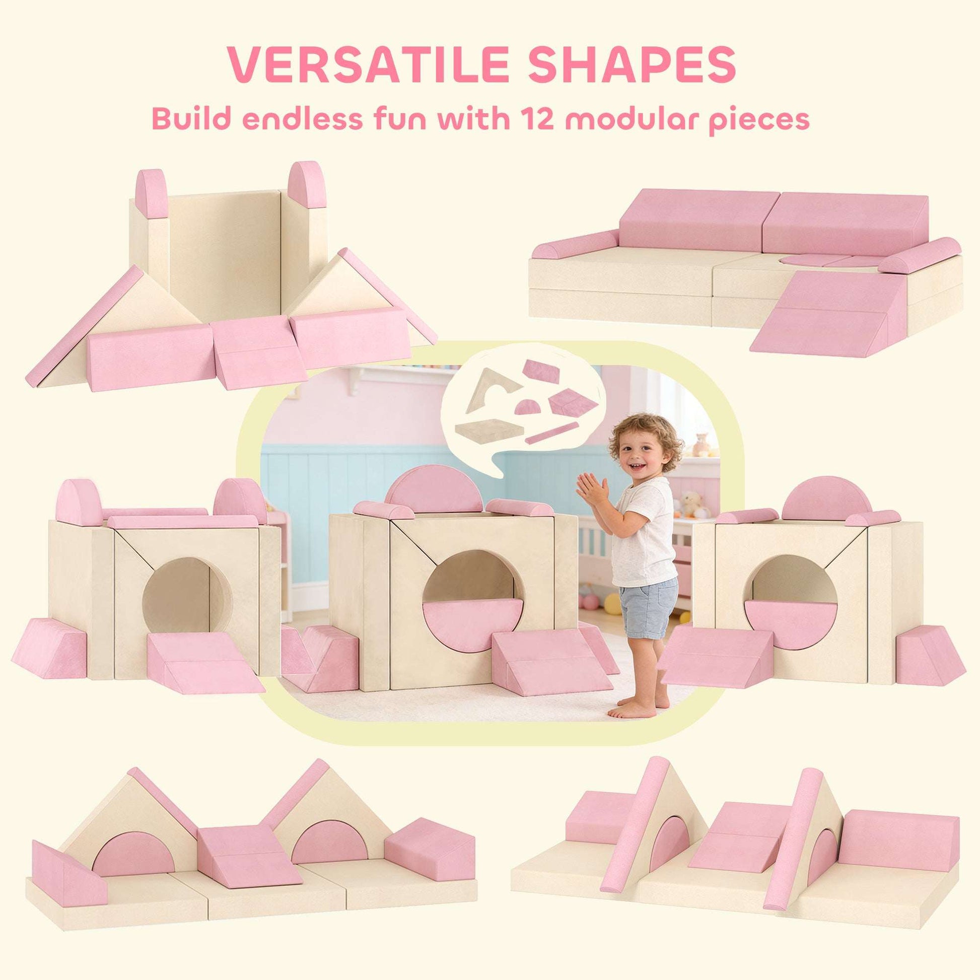 AIYAPLAY Kids Play Sofa, 12 Pieces Foam Modular Soft Play Set for Playroom, Children Convertible Sofa for Boys and Girls, Pink