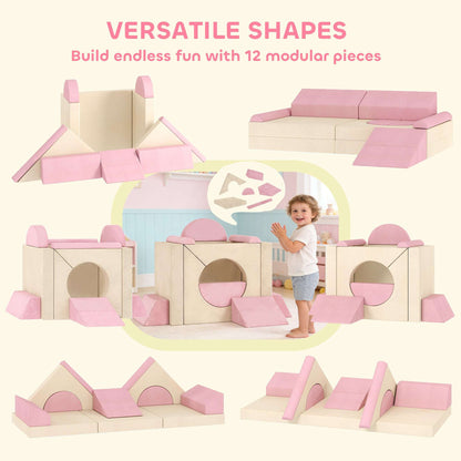 AIYAPLAY Kids Play Sofa, 12 Pieces Foam Modular Soft Play Set for Playroom, Children Convertible Sofa for Boys and Girls, Pink