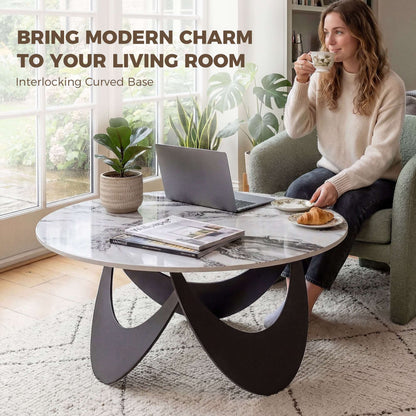 Sintered Stone Coffee Table | 80x80x40cm | Heat-Resistant | Impermeable | Welded Metal Frame | Adjustable Feet | White & Black