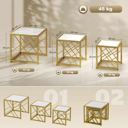 Nesting Coffee Tables, Set of 3 Square Side Tables with Black Metal Frame, for Living Room, Bedroom and Office, White