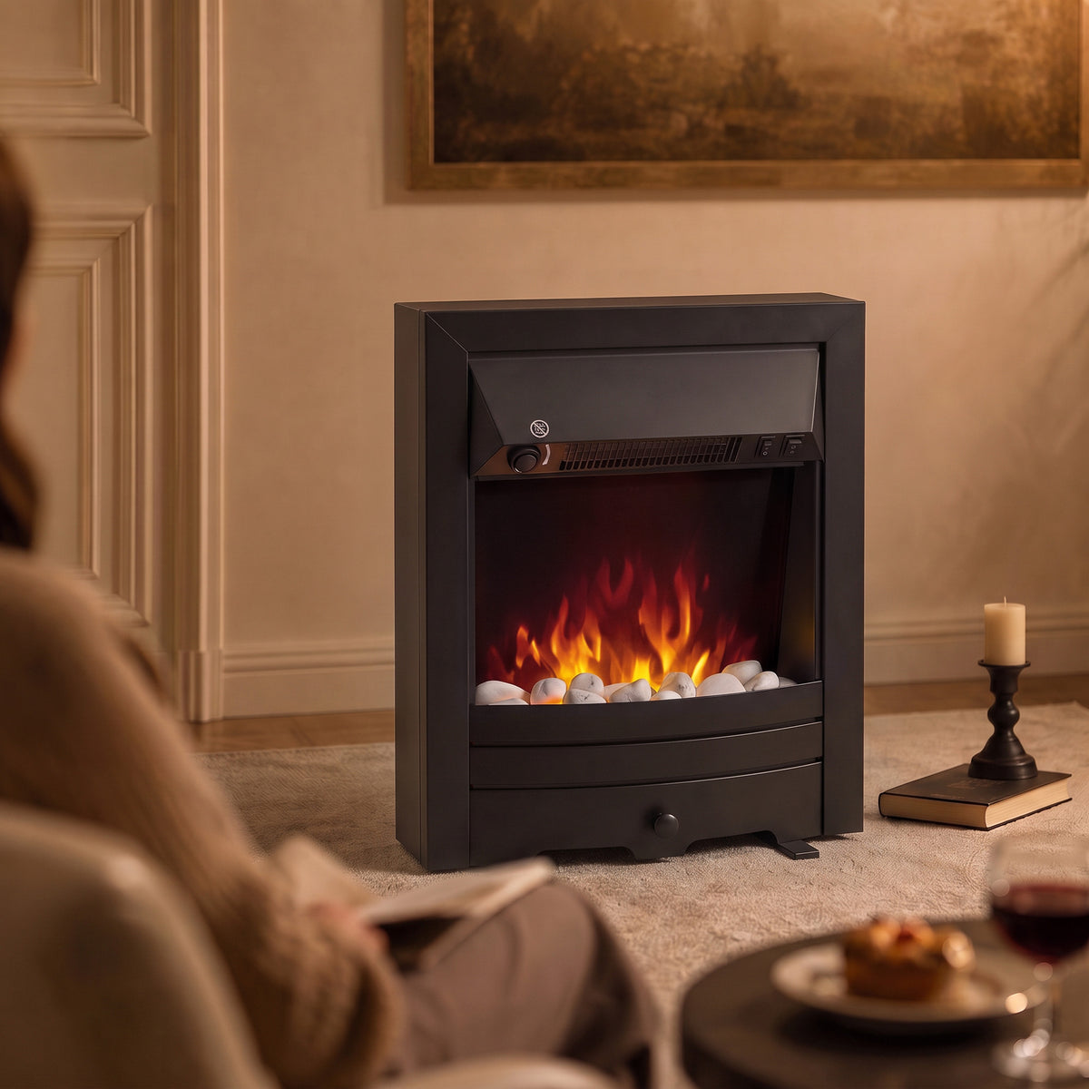 Electric Fireplace | 1000W/2000W Freestanding & Inset Fire | LED Flame & White Pebbles | Adjustable Thermostat | Black or Gold