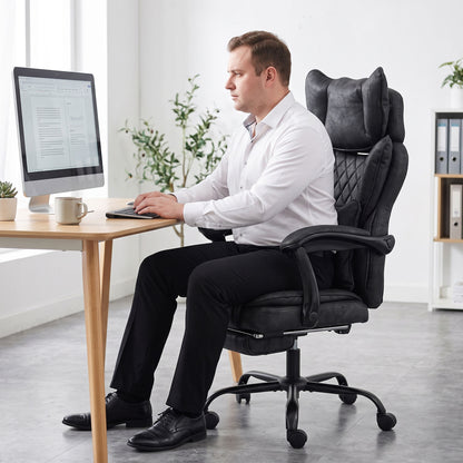 Executive Office Chair | Leathaire | 13cm Spring-Core Seat | 135° Recline & Pull-Out Footrest | Linkage Armrests | Lumbar Pillow | Adjustable Headrest | Fire-Retardant | 180kg | Up to 190cm | Black / Grey
