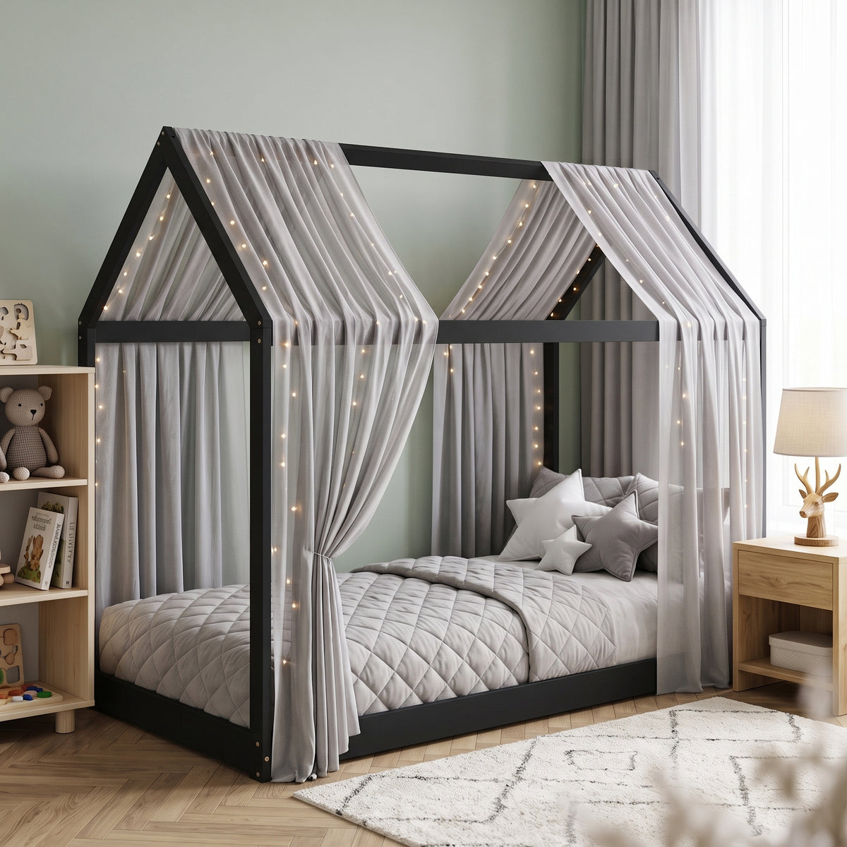 Single House Bed Frame | Pine Wood Kids Bed with Roof Frame, 15 Slats & 120 kg Capacity | 90 x 190 cm Mattress | Black