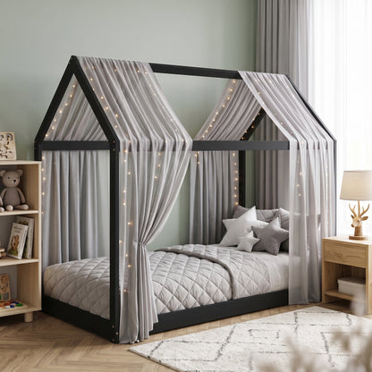 Single House Bed Frame | Pine Wood Kids Bed with Roof Frame, 15 Slats & 120 kg Capacity | 90 x 190 cm Mattress | Black